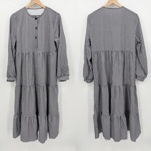 Black White Gingham Tiered Maxi Dress Long Sleeve Button Front Cottagecore L